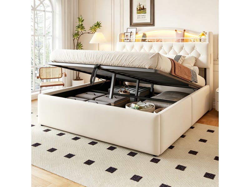  Lit coffre 140x200 cm, lit double, rangement hydraulique, led, velours beige, usb et usb-c  - Conforama D