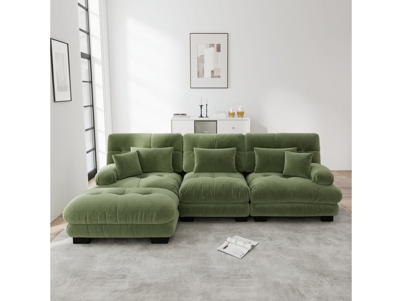  Canapé d'angle modulaire convertible avec ottoman, assise profonde et coussins, en chenille vert  - Conforama C