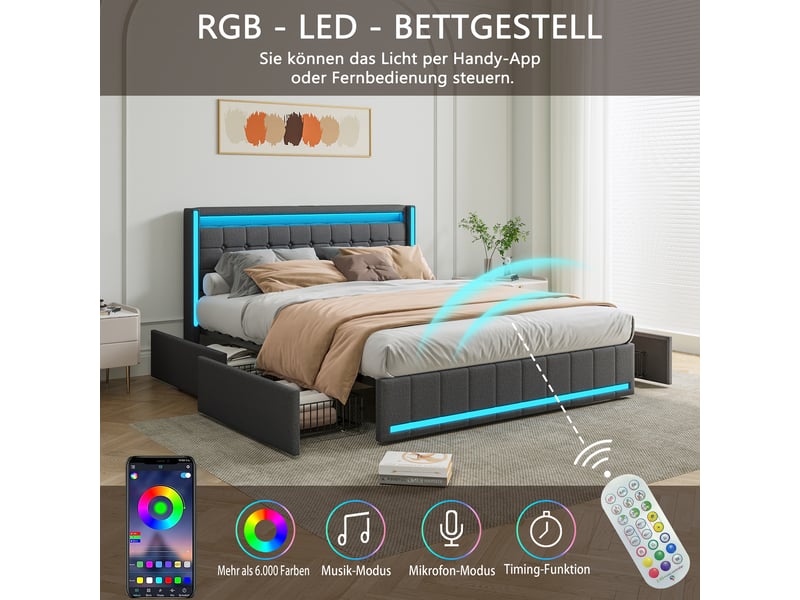 Lit double rembourré 140x200 cm,led et chargement usb, 4 tiroirs,sommier à lattes,lit 2 personnes pour adultes, lin ,gris - Conforama R