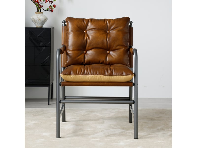  Fauteuil d'appoint avec accoudoirs et dossier rembourré, structure en métal, style vintage en cuir marron  - Conforama E