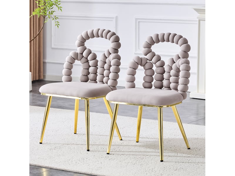  Lot de 2 chaises 48x50x86 cm, dossier ouvert à chaîne de boules, gris clair, pieds métal, assise velours moelleuse  - Conforama D