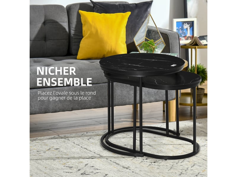  Lot de 2 tables basses gigognes ronde et ovale en mdf et acier noir  - Conforama D