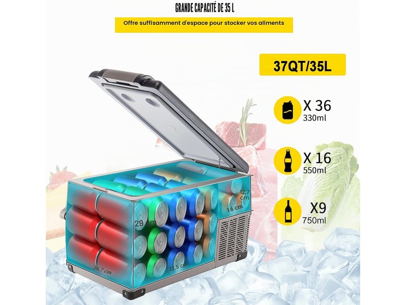  Glaciere electrique a compresseur 35l, 1224v et 100-240v, -20 a 20 c, pour voiture, camping-car et voyage  - Conforama C