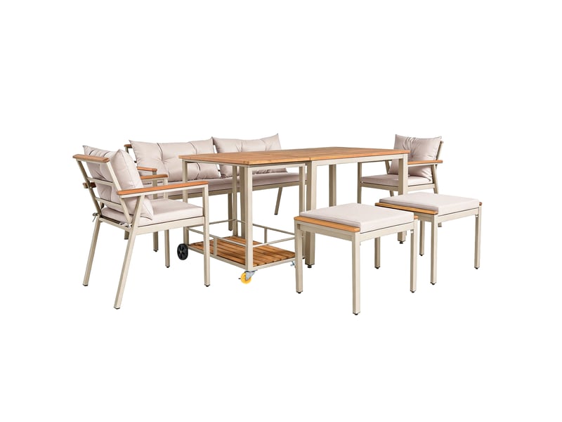  Ensemble repas de jardin en acacia 6-7 places, fauteuils, desserte amovible  - Conforama D