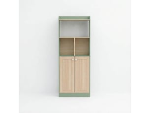 Bibliothèque avec 2 portes et niches ouvertes, rangement d'exposition pour salon en mdf vert et bois 60 × 30 × 161,2 cm