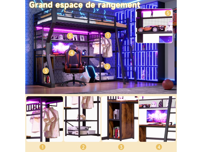  Lit mezzanine 90 x 200 cm avec rangements intégrés, bureau intégré, éclairage led, en mdf et métal – noir, matelas non inclus  - Conforama E