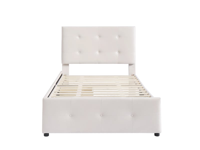  Lit tapissier simple 90x200cm avec 2 tiroirs, dossier rembourré, velours, pour enfant adolescent, sans matelas, beige  - Conforama R