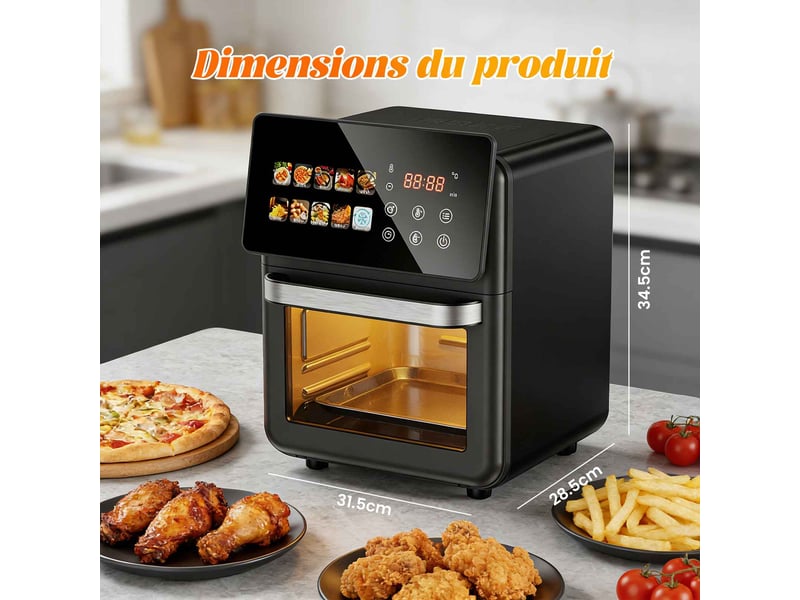Four air fryer électrique 10l noir mat, écran tactile intelligent 12 programmes, fenêtre transparente, 80-200°c, 1-60 min, 5-6 personnes - Conforama E