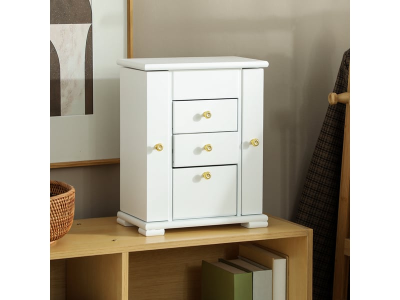  Coffret à bijoux à 4 niveaux avec 2 tiroirs, miroir, portes latérales avec crochets pour boucles d'oreilles, bagues et colliers, blanc  - Conforama C