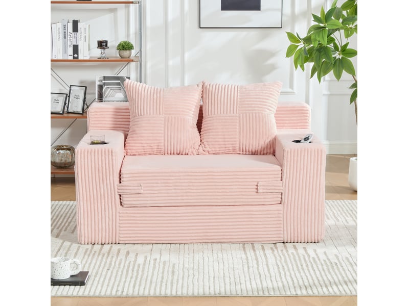  Canapé-lit 2 places 151 x 133 x 64 cm rose en velours côtelé, poches latérales et porte-gobelet  - Conforama B