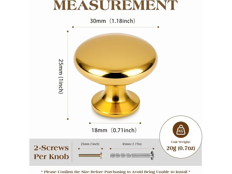  Jeu de 6 boutons ronds en doré poli de 25x30 mm, tirateurs modernes pour portes et tiroirs avec vis  - Conforama A