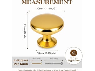 Jeu de 6 boutons ronds en doré poli de 25x30 mm, tirateurs modernes pour portes et tiroirs avec vis