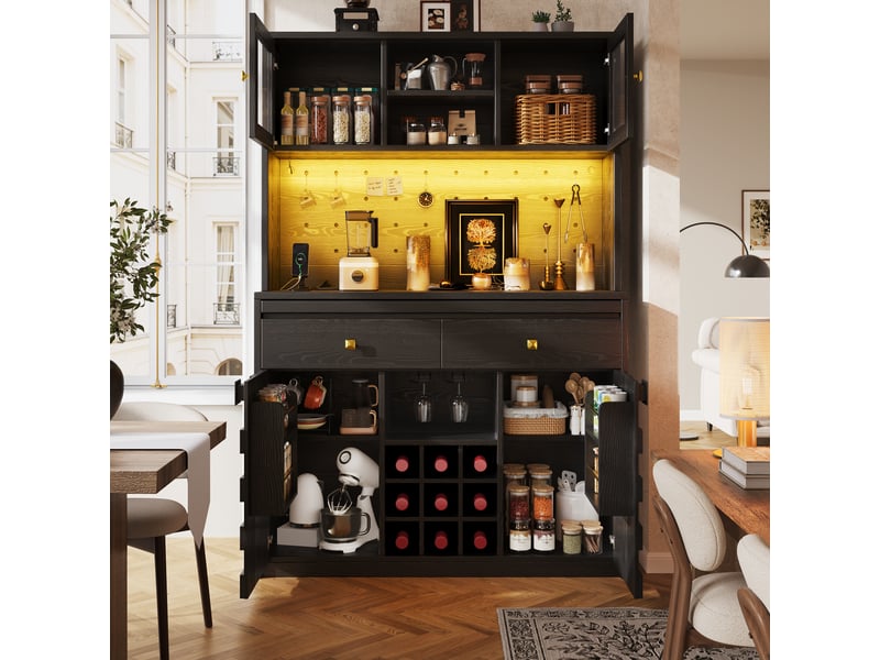 Buffet de cuisine 120x40x178 cm - 4 portes et 2 tiroirs, led rgb, 2 prises, 2 ports usb, rangement à vin - noir - Conforama B