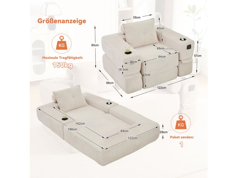  Canapé convertible modulable 1 place en velours côtelé beige, poches latérales et porte-gobelets  - Conforama C