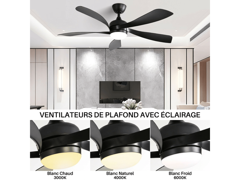 Ventilateur de plafond avec lumière 132 cm noir, moteur dc silencieux 6 vitesses, led dimmable 3 couleurs avec télécommande pour salon - Conforama D