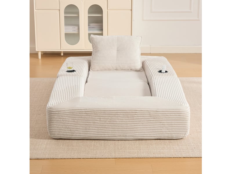  Canapé droit convertible 1 place en velours côtelé beige, avec poche latérale et porte-gobelet intégré  - Conforama E