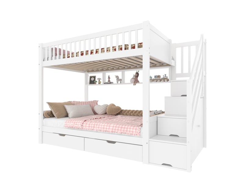  Lit superposé enfant 90 x 200 cm blanc avec rangements, armoire et étagères  - Conforama A