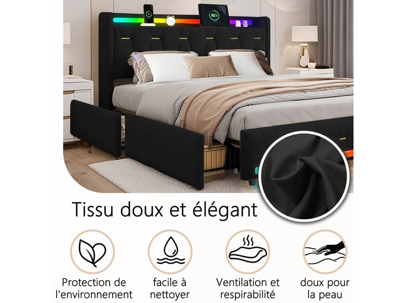  Lit 160x200 cm noir avec rangement, led, 4 tiroirs,ports usb+type-c sans matelas EBD855Q-BK - Conforama E