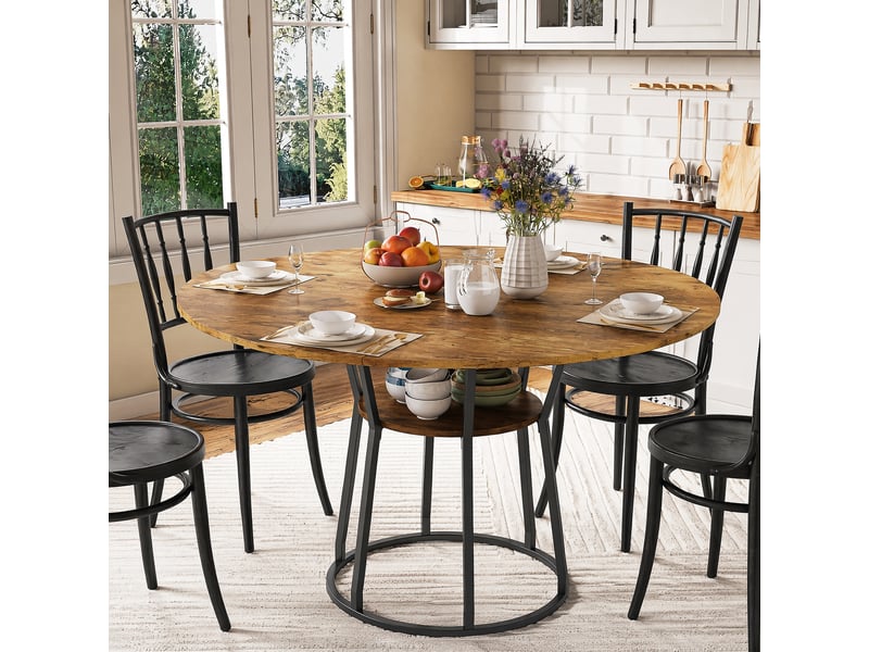 Table à manger ronde 120 cm marron, piètement métal noir, pour 6 personnes, salon ou salle à manger - Conforama B