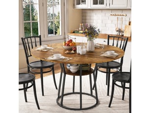 Table à manger ronde 120 cm marron, piètement métal noir, pour 6 personnes, salon ou salle à manger