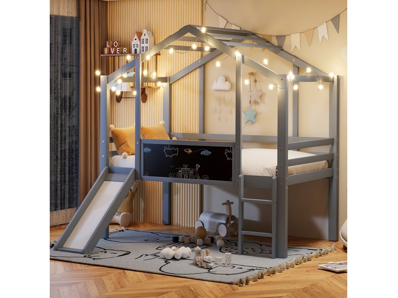  Lit mezzanine enfant 90 x 200 cm gris avec toboggan, échelle et tableau  - Conforama D