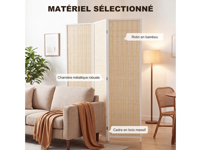  Paravent en bois séparateur de pièce closion de séparation pliable 3 panneaux blanc 135 x 180 cm  - Conforama E