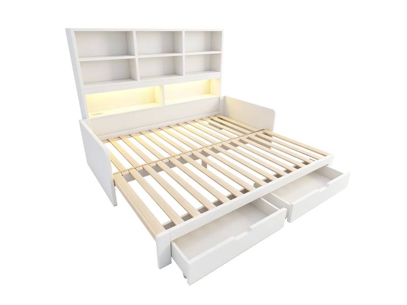  Lit banquette 90x200 cm extensible 180 cm avec rangement led et prises, mdf blanc, sans matelas  - Conforama R