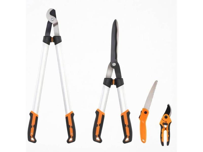  Outils de jardin, set de 4 pièces en aluminium orange : ébrancheur, taille-haie, sécateur et scie pliante  - Conforama A