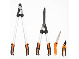 Outils de jardin, set de 4 pièces en aluminium orange : ébrancheur, taille-haie, sécateur et scie pliante