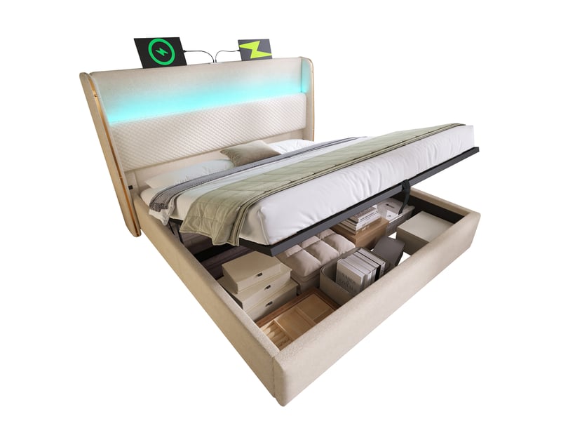 Lit coffre 180x200 cm, lit double, tête de lit haute, ports de charge, led, sommier, lin, beige, sans matelas - Conforama A