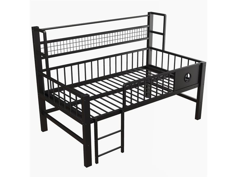 Lit mezzanine bas enfant - 90x200 cm - noir - cadre en métal - hauts garde-corps - espace de rangement 204x95x125.5cm - Conforama E