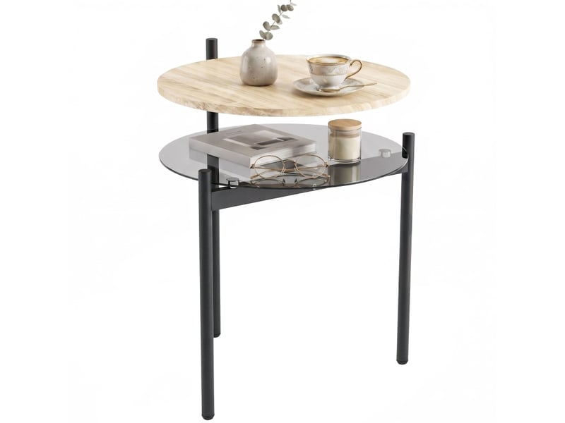  Table d'appoint ronde 41,8 x 39,8 x 53,5 cm - chêne clair - étagère ouverte en verre et pieds réglables  - Conforama A