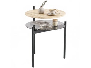 Table d'appoint ronde 41,8 x 39,8 x 53,5 cm - chêne clair - étagère ouverte en verre et pieds réglables