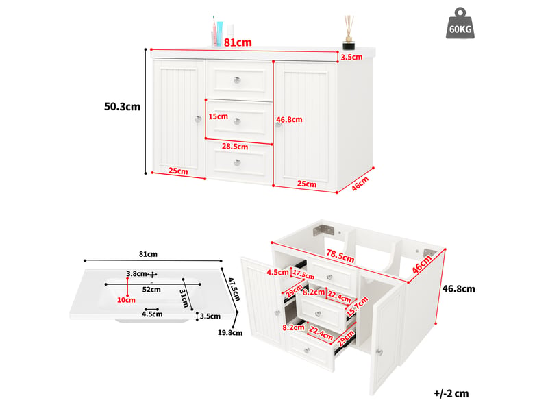  Meuble sous vasque suspendu avec rangement 3 tiroirs et placard - lpospi - céramique mdf métal blanc 78,5 × 46 × 46,8 cm  - Conforama D