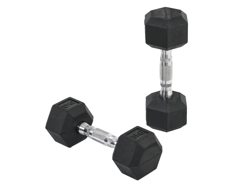  Lot de 2 haltères hexagonales de 5 kg en caoutchouc avec poignée antidérapante, noires  - Conforama B