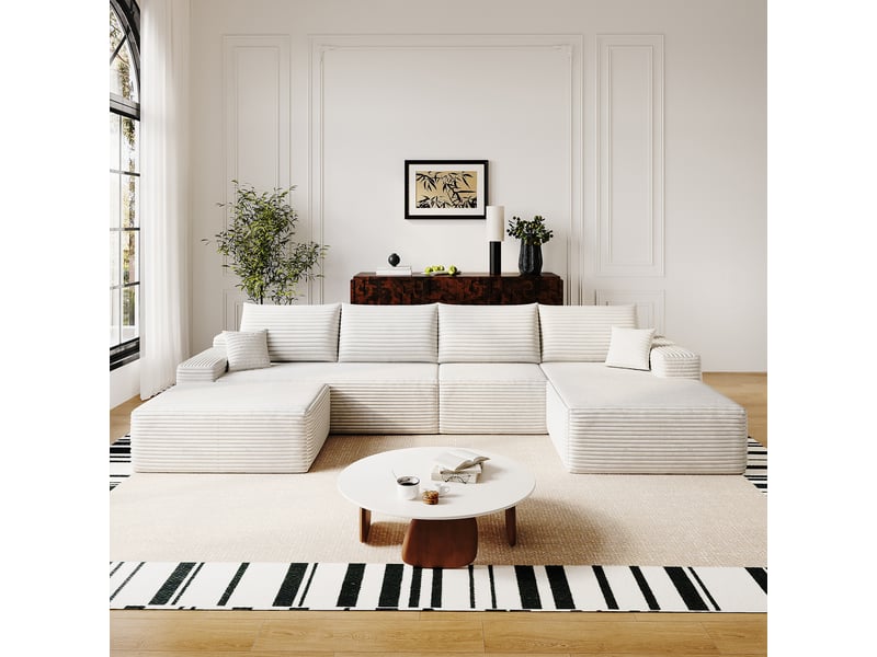 Canapé d’angle modulable 340 x 175 x 83 cm 4 places avec pouf, méridienne en l, assise profonde, sans montage, canapé compressé, blanc Bliss Lite - Conforama B
