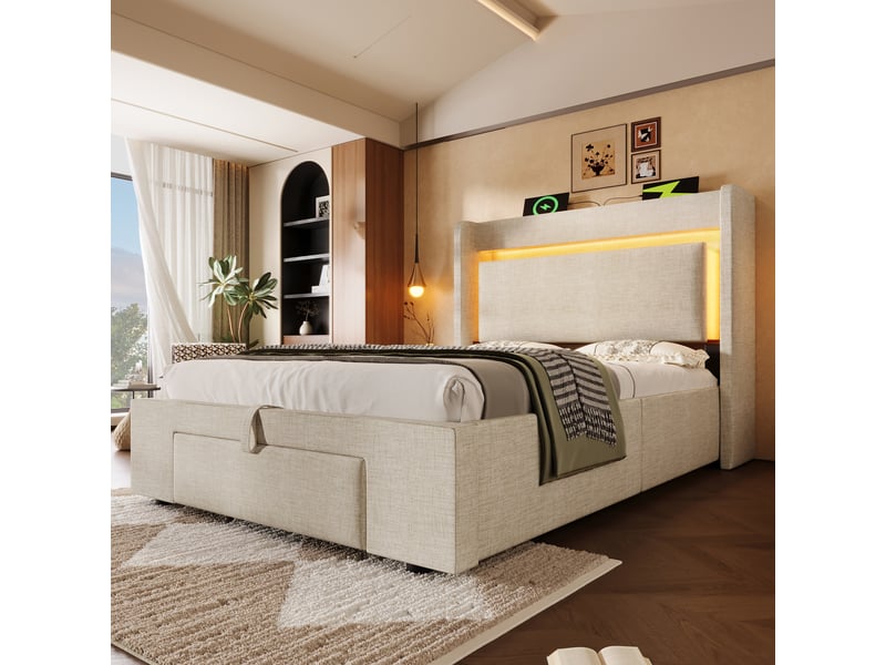  Lit coffre 90 × 200 en lin beige, tête de lit avec rangements, led et usb-c IKSETERA TRADING LTD - Conforama E