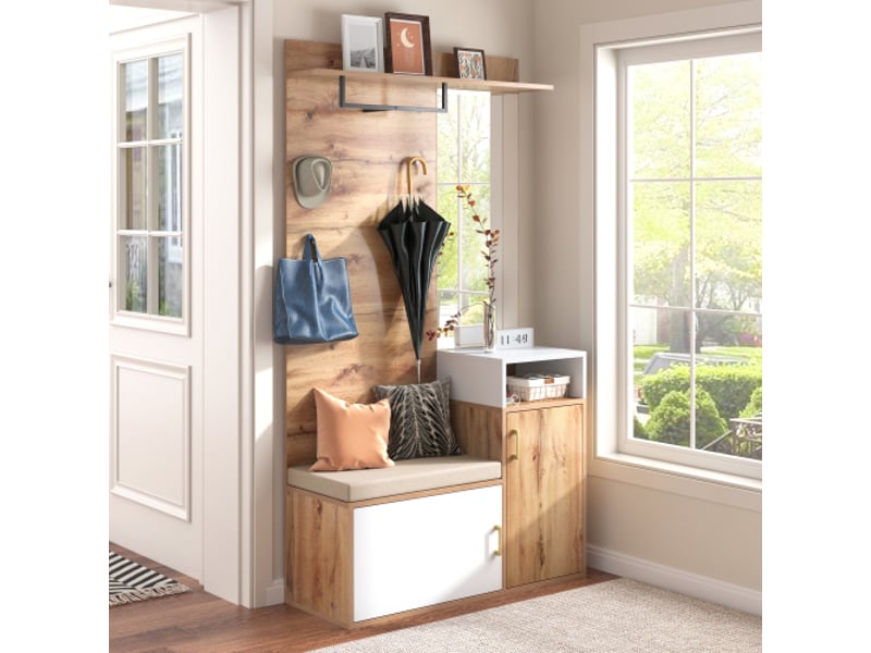  Ensemble d'entrée blanc et bois - miroir, meuble à chaussures, patères et banc - fixation murale, perçage nécessaire  - Conforama D