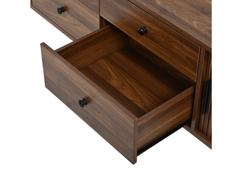 Meuble tv bas 165 cm en mdf avec 4 tiroirs et 2 portes coulissantes, grand espace de rangement et coins arrondis, design moderne pour salon, pour aménagement intérieur moderne OPULERANE TRADING LTD - Conforama D