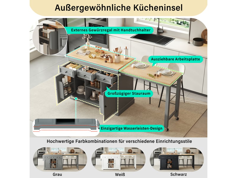  Îlot de cuisine sur roulettes avec plan de travail extensible et tiroirs gris KL000016AAE - Conforama D
