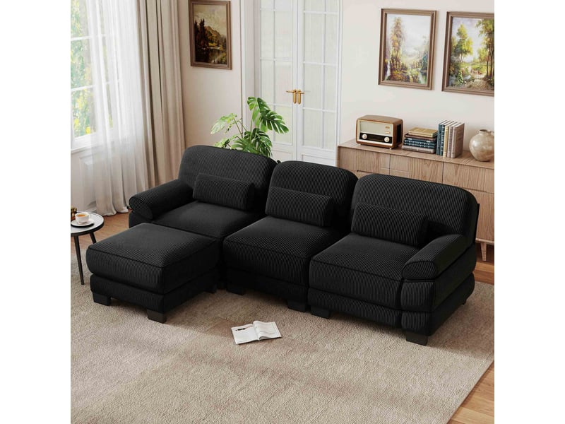  Canapé d’angle modulable 3 places avec pouf 265x161x94 cm, tissu velours côtelé, assise profonde, coussins lombaires, structure renforcée - noir  - Conforama D