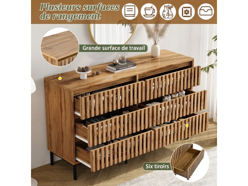  Buffet en bois avec 6 tiroirs à façade ajourée, large plateau 120 cm, pieds métalliques surélevés, design scandinave  - Conforama B