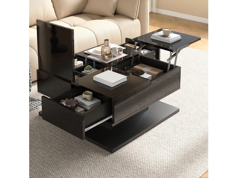  Table basse relevable 72x72 cm noire brillante avec led et 2 tiroirs  - Conforama D