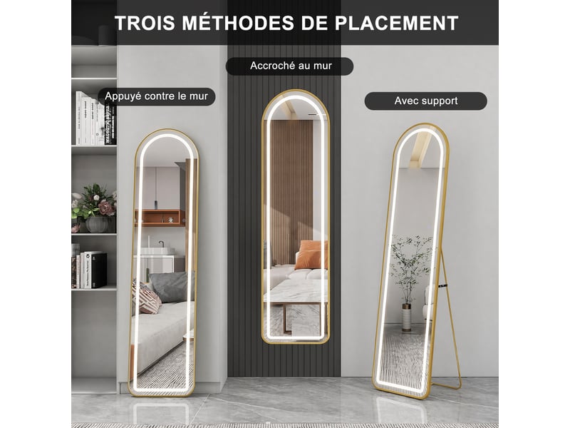  Miroir led pleine longueur 150x40 cm,miroir mural, éclairage 3 couleurs ,verre trempé, cadre aluminium doré,arqué  - Conforama E