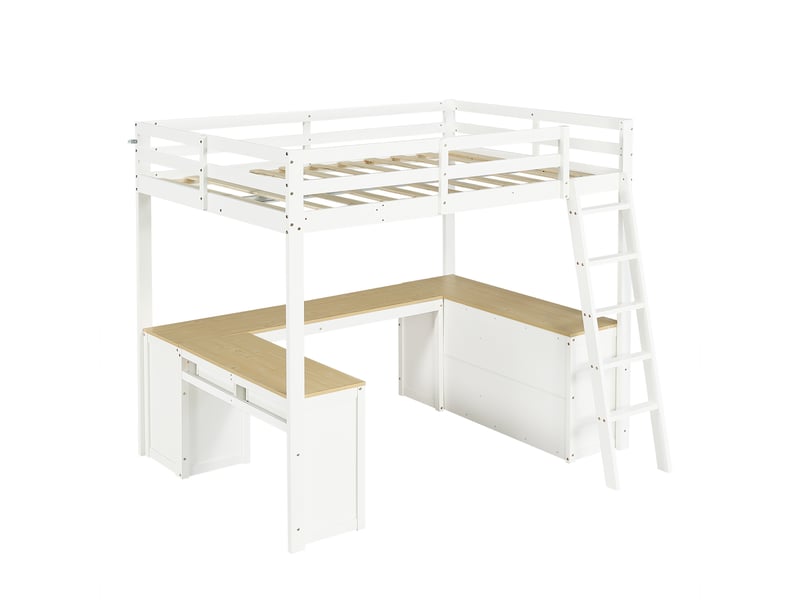 Lit enfant 140x200 cm avec bureau intégré, tiroirs et étagères – blanc naturel - Conforama A