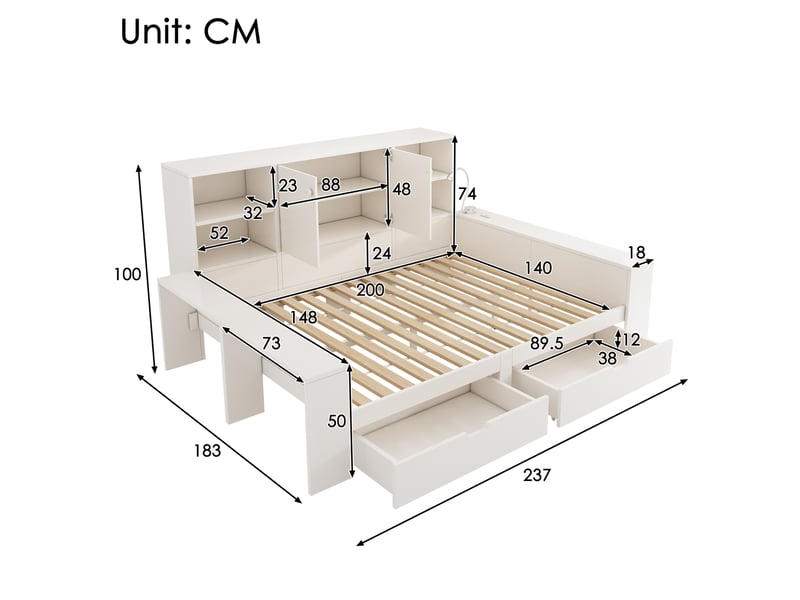  Modenvie lit avec rangement 140x200 cm - ports usb et usb-c, tiroirs et rangements - sans matelas - blanc  - Conforama C