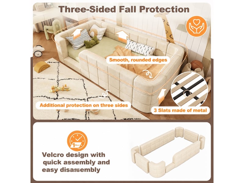  Lit enfant avec barrières rembourrées, chenille beige, sommier inclus, 90 x 200 cm  - Conforama E