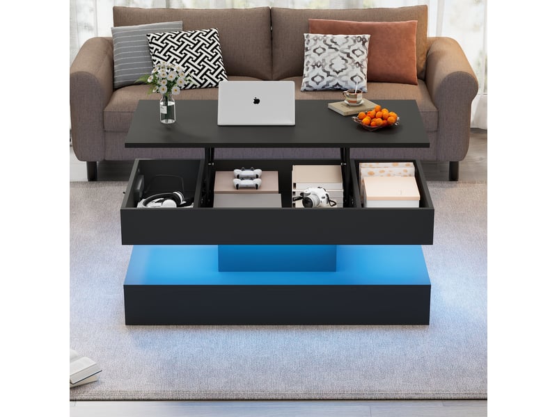  Table basse de salon 100x50x56cm avec led, espace de rangement, levage, style de design, aggloméré, noir  - Conforama B