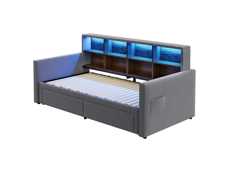 Lit gigogne enfant 90x190 cm canapé-lit avec led et tiroirs, velours, gris foncé, sans matelas - Conforama D