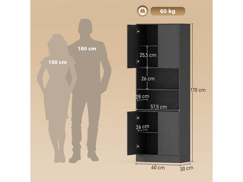  Buffet haut cuisine, armoire de cuisine, 2 compartiments ouverts et étagères réglables, 4 portes à fermeture douce, noir  - Conforama C